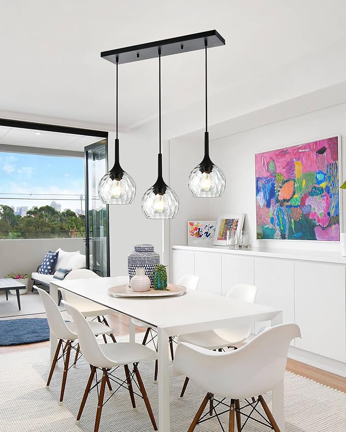 VINLUZ Linear 3-Light Hanging Pendant Kitchen Island Light in Black Finish, Modern Chandelier with Round Ribbed Glass Shades for Dining Room and Hallway