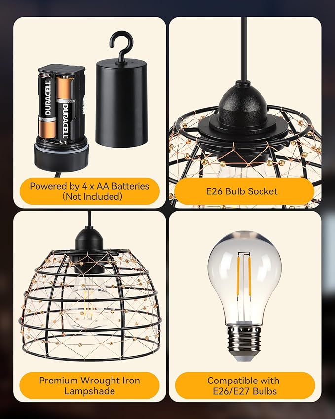 Battery Operated Hanging Outdoor Chandelier, 4/6/8 H Timer, Dimmable Bohemian Hanging Shed Gazebo Lights Outdoor Waterproof for Patio, Porch, Gazebo, Pergola, Kitchen Decor Lighting