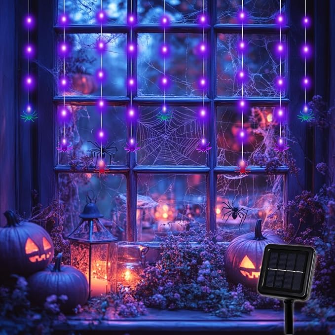 Halloween Spider Curtain String Lights, 7.2Ft Halloween Decorations Outdoor Indoor with 12 Multicolor Spiders and 60 Purple LED Bulbs Fairy Lights for Window Porch Garden Party Décor, Solar Powered