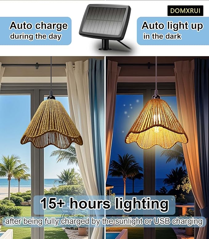 Solar Chandelier Outdoor Waterproof, Gazebo Lights Solar Powered with Remote Control, Boho Hanging Pendant Light for Porch, Patio, Pergola, Shed, Chicken Coop, Balcony(2 Lights)