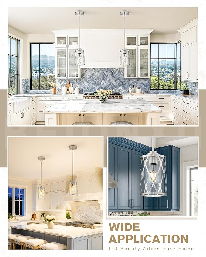 Beionxii Brushed Nickel Pendant Lights Kitchen Island, Glass Pendant Light Fixtures with Clear Glass and Rods, Kitchen Pendant Lighting Over Island for Sink, Dining Room, Entryway, BX-PL07BN