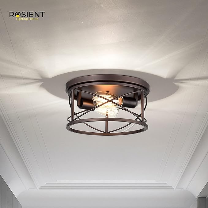 Industrial Flush Mount Lights, Farmhouse Close to Ceiling Flush Mount Lighting, 2-Light Flush Mount Ceiling Lighting Fixture (Oil Rubbed Bronze, 1 Pack)