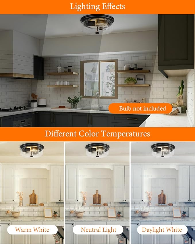 Black Flush Mount Ceiling Light, 12 Inch 2-Light Industrial Farmhouse Ceiling Light Fixture with Seeded Glass Shade, Flush Mount Light for Kitchen, Hallway, Entryway, Bedroom