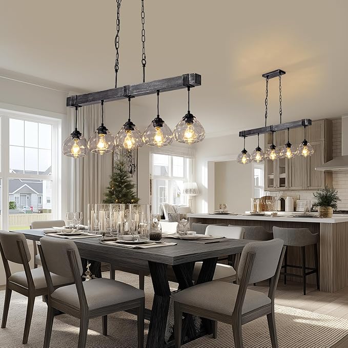 Linear Chandelier for Dining Room, Modern 5-Light Kitchen Island Lighting,Black Farmhouse Linear Chandelier with Glass Shades, L39IN+W5.5IN+H7.9IN