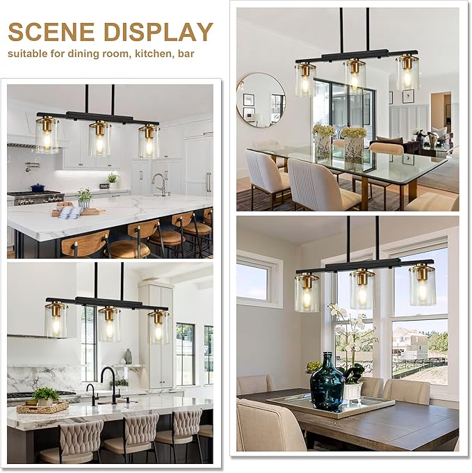 3-Light Kitchen Island Lighting,Dining Room Lights Modern Farmhouse Chandelier with Clear Glass Shade,Modern Rustic Black and Gold Metal Chandelier, Kitchen Pendant Light Fixtures Over Table
