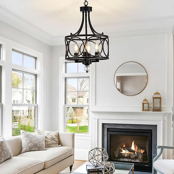 4-Light Chandelier,Round 11.2in,E12 Base - Black Metal Farmhouse Lantern Pendant Light Fixture,Adjustable Hanging Ceiling Lighting,for Kitchen Island,Bedroom,Entryway,Dining Room