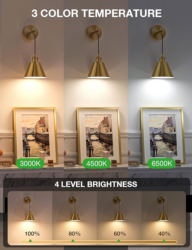 NIORSUN Brushed Gold Battery Operated Wall Sconce Set of 2, 5200mAh Dimmable Detachable Bulbs and Remote Wireless Rechargeable Wall Lights, 9 Colors Sconces Wall Decor for Bedroom Living Room Hallway