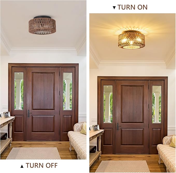 Boho Light Fixture，3-Light Farmhouse Rattan Light Fixtures Ceiling Mount，Flush Mount Ceiling Light with Hand-Woven Shade，Modern Chandelier for Living Bedroom Entryway Kitchen Nursery