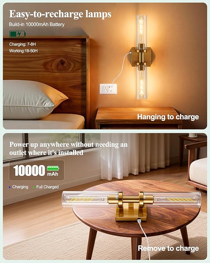 Gold Wireless Battery Operated Wall Sconces Set of 2，Glass Rechargeable Wall Lamps with Remote, Cordless Battery Powered Decor Lights Fixture for Bathroom Living Room Bedroom Hallway Entryway