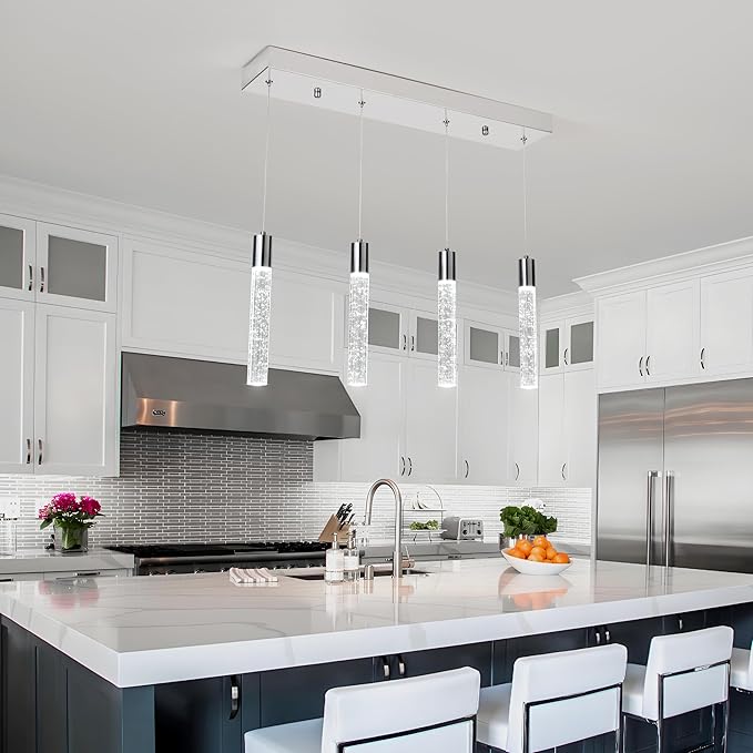 4-Light Chrome Integrated Crystal Pendant Chandelier,Dimmable LED Ceiling Light with Adjustable Height for Kitchen Island, Dining Room & Bedroom 3000K -6000K