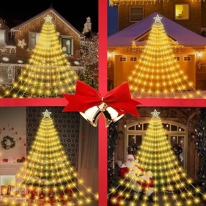 Christmas Decorations Star Lights Outdoor, 23ft 11 Strand 818 LED Waterfall Tree Lights with 8 Modes Timer Remote Plug in Christmas Lights for Indoor Yard Patio Home Holiday Party Decor, Warm White