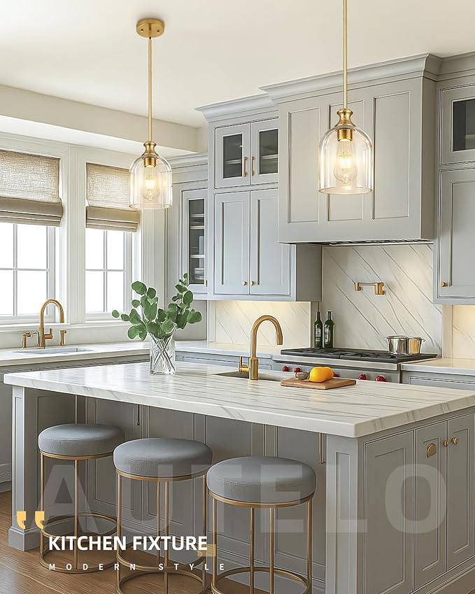 AUTELO 2-Pack Brushed Gold Pendant Lights Kitchen Island, Island Pendant Lights for Kitchen with Clear Cylinder Glass, Glass Pendant Lights with Adjustable Rods, H2511 CLBG 2PK