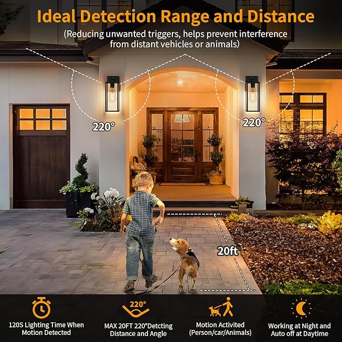 15'' Black Motion Sensor Outdoor Front Porch Lights for Outside, Large Exterior Lighting Fixtures Wall Mount for House, Wall Sconce Lamp, Waterproof Lantern Coach Lights for Garage, Entryway,Yard