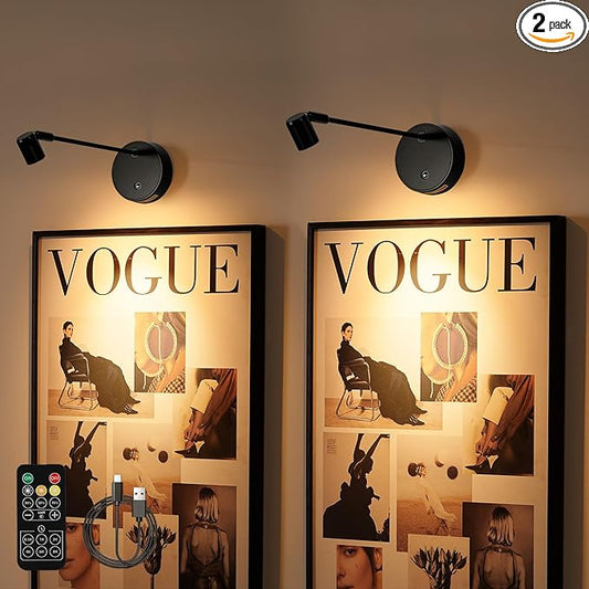 Magnetic Picture Light for Wall,Battery Operated 3 Color LED Art Lighting for Paintings, Wireless Rechargeable Dimmable Poster Lights,Remote Control Gallery Light with Timer, Black (2 Pack)