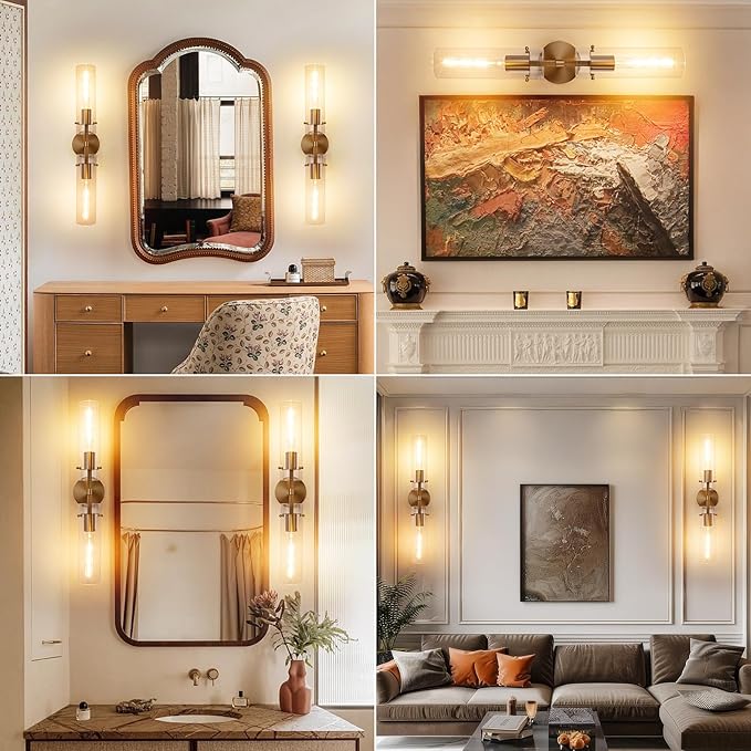 Brass Gold 2-Light Knurled Wall Sconce, Dual-Head Vanity Lamp with Clear Glass Tube, Bathroom Wall Sconces, Wall Lights for Living Room Bedroom Hallway Kitchen Bathroom Mirror