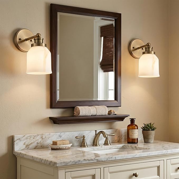 HYDELITE Vintage Wall Sconce Gold Vanity Light with Bell-Shaped Glass Indoor Brass Wall Light for Bathroom Living Room Bedroom Hallway Washroom E26 Base