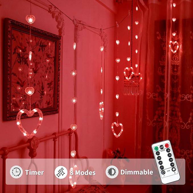 YOLIGHT Heart Curtain Lights, 9.8ft Valentine's Day Window Lights, USB Plug LED Hearts String Lights, Light up Heart Hanging Lights for Valentines Mother's Day Room Decoration (Red)