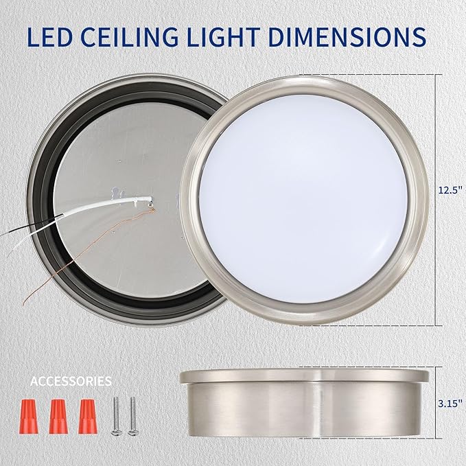 13 inch Flush Mount LED Ceiling Light Fixture, 5CCT Modern Dimmable Lighting for Hallway Bathroom Kitchen Stairwell, 2700K/3000K/3500K/4000K/5000K, Brushed Nickel