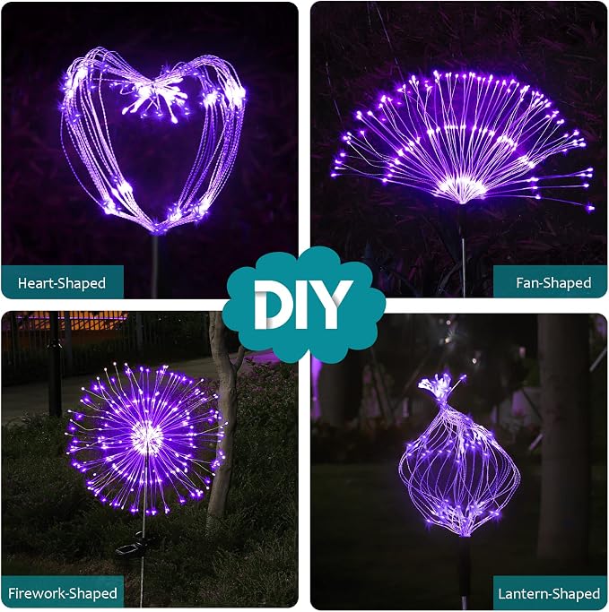 JJGoo Solar Firework Lights, 2 Pack 180 LEDs 2 Lighting Modes Solar Lights Outdoor Waterproof for Garden Patio Walkway Pathway Party Wedding Christmas Decorative - Purple