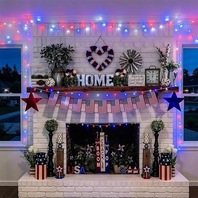 JMEXSUSS 400 LED Red White and Blue Lights Outdoor, 132FT 4th of July Lights Indoor, 8 Modes Patriotic String Light for Memorial Day Independence Day Decoration