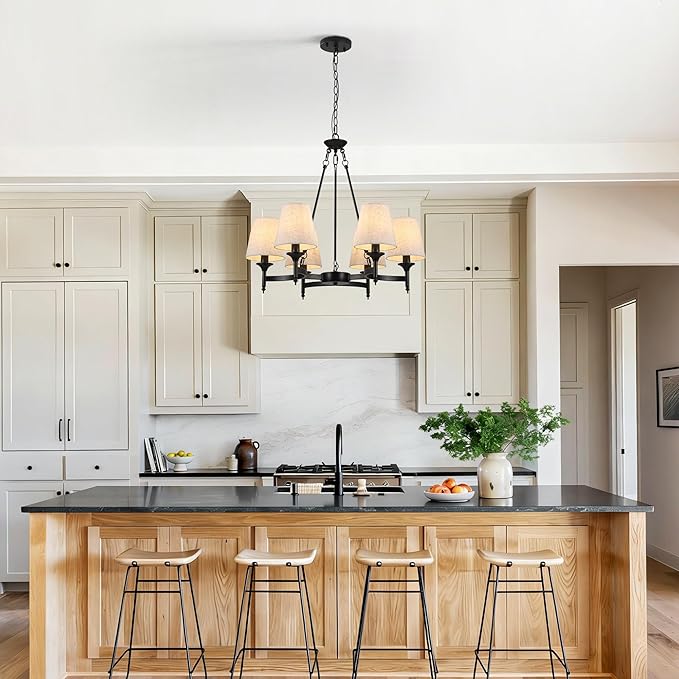 Black Industrial Farmhouse Chandelier, 27.2" 6-Light Pendant Light with Linen Fabric Shades, Adjustable Hanging Fixture for Kitchen Island Dining Room Bedroom Entryway