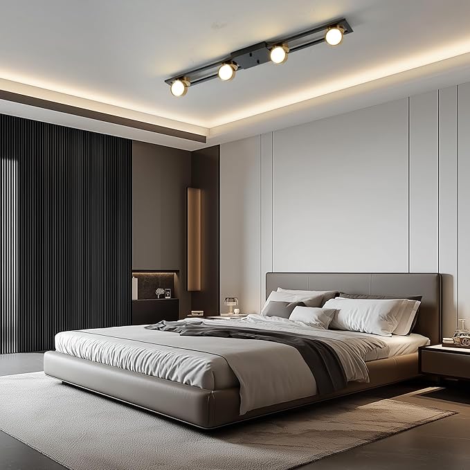 Garwarm Modern Ceiling Light Track Lighting Fixtures, 35.4 Inch Dimmable LED Kitchen Ceiling Light with Remote 4-Light Black LED Chandelier for Dining Room Bedroom