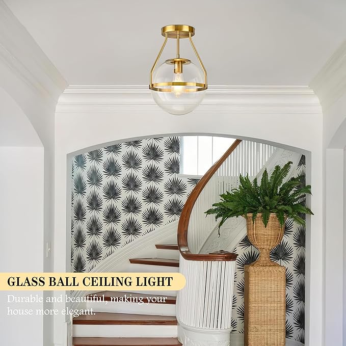Bagood 10" Semi Flush Mount Ceiling Light with Clear Glass Shade Mid Century Ceiling Light Modern Gold Globe Semi Flush Mount Ceiling Light Fixture for Bedroom Hallway Bathroom Foyer (Bulb Incl.)