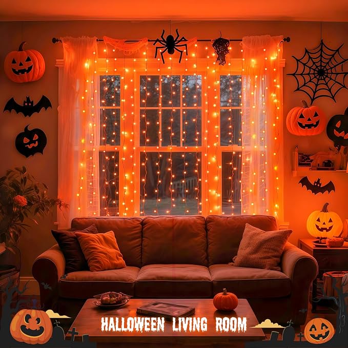 JMEXSUSS Orange Curtain Lights for Halloween, 200 LED Halloween Curtain String Lights USB Plug in, 8 Modes Orange Hanging Window Lights for Bedroom Party Indoor Outdoor Decorations