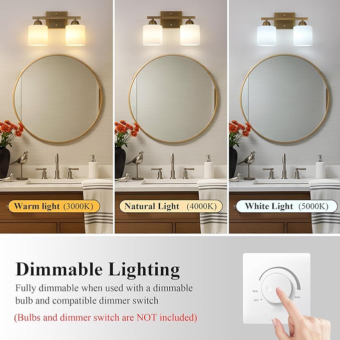 Mecgirn Milk Glass Vanity Lights for Bathroom, 2 Light Brass Bathroom Light Fixtures Over Mirror, Ceramic E26 Sockets Wall Mounted