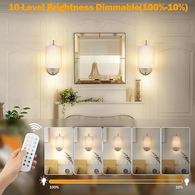 MATAMEYE Battery Operated Wall Sconce Set of 2, Brushed Nickel Rechargeable Dimmable Wall Light Fixture Remote, 12 RGB Colors & Timer, Wireless Lamp White Shade