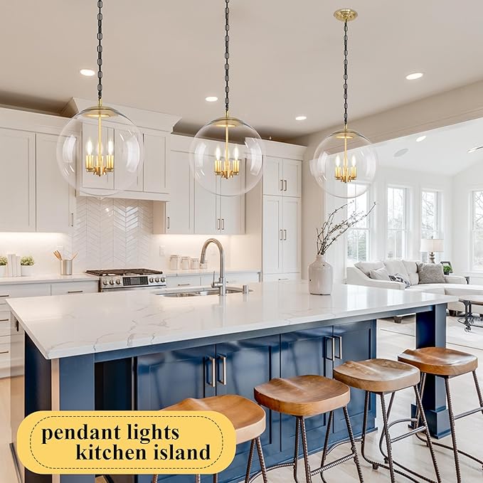 KoKo&Yukina 14" Gold Globe Pendant Light Mid Century Pendant Light Clear Glass Pendant Lights Kitchen Island Adjustable Hanging Light Fixture for Dining Room Bedroom Kitchen Island