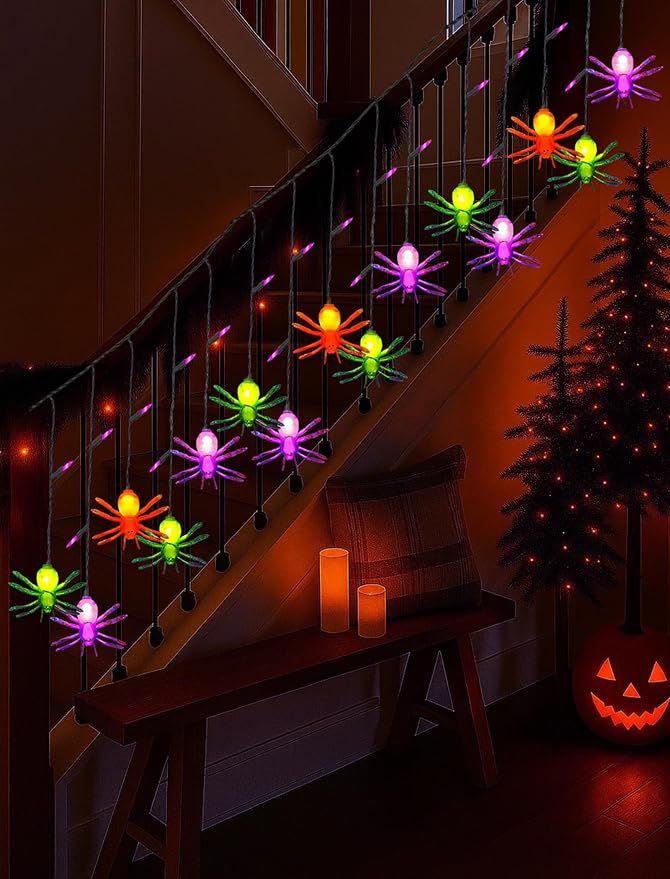 Halloween Spider String Lights Outdoor, 25 Mini Curtain String Lights with 10 Colorful Spider Lights, 7.5Ft Summerween Decoration Light for Window Patio Stair Halloween Decor