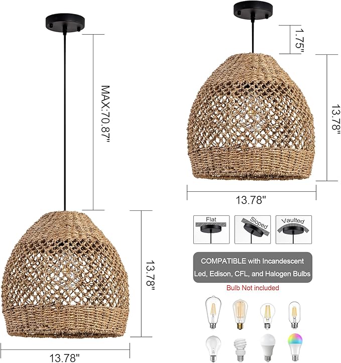 Boho Rattan Pendant Lights 13.8IN Farmhouse Dining Room Light Fixtures Hand-Woven Seagrass Chandelier Coastal Wicker Hanging Lighting for Kitchen Island Entry Living Room Bedroom Foyer Restaurant