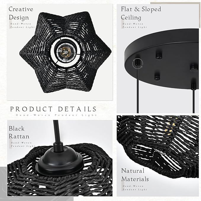 12" Boho Black 3-Light Boho Chandeliers for Kitchen Island Hand-Woven Boho Rattan Chandeliers Dimmable Adjustable Hanging Wicker Chandelier for Dining Room Living Room（Bulb Incl.）