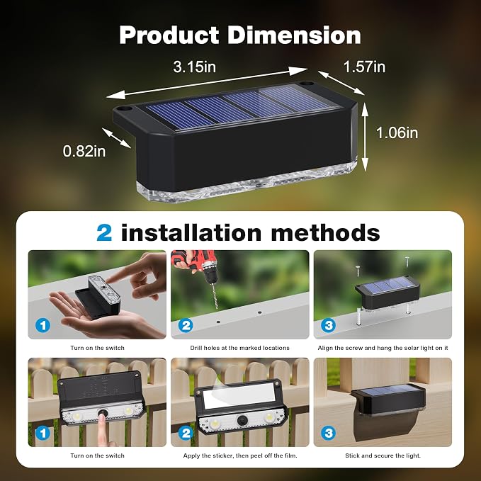 Peasur Solar Fence Lights Outdoor 6 Pack, Deck Light Solar Powered, Waterproof LED Step Lights for Railing Yard Patio Outside, Warm White