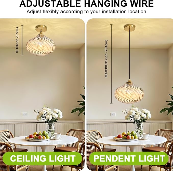 Glass Pendant Lights Kitchen Island, 11'' Gold Pendant Lighting Fixtures, Modern Hanging Ceiling Light with Striped Amber Glass Shade for Farmhouse Dining Room Bedroom Hallway(1 Pack)