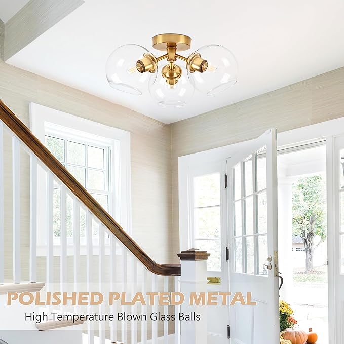 KoKo&Yukina 3-Light Mid Century Modern Gold Semi Flush Mount Ceiling Light Globe Sputnik Chandelier Fixture Clear Glass Globe Ceiling Lights for Bedroom Living Room Hallway Entryway Foyer