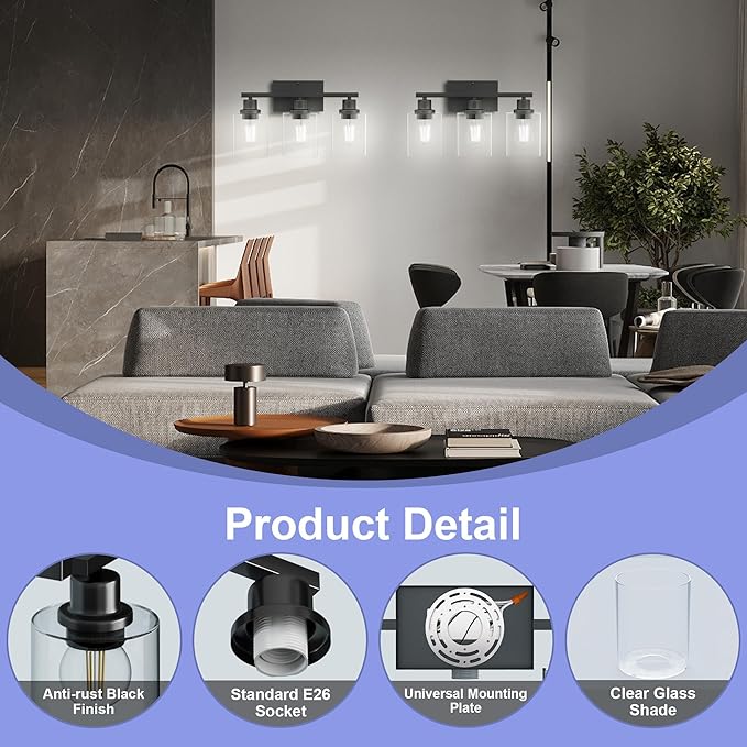 Black Bathroom Lights Over Mirror, Anti-Rust 3-Light Vanity Lighting Fixture for Bathroom, Modern 18Inches Wall Sconce Light for Living Room, Standard E26 Base, Clear Glass Shades, Bulbs Not Included