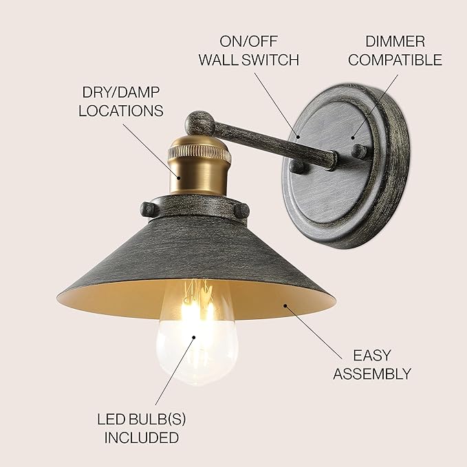 JONATHAN Y 7.88" Rustic Dark Gray/Brass Gold 1-Light Industrial Farmhouse Metal Vanity Light Wall Sconce, Metal Shade for Bathroom Mirror, Kitchen, Entryway, LED Bulb Included (JYL7426D)