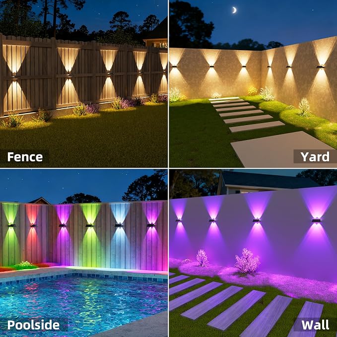 NIORSUN Solar Fence Lights Outdoor, 12 Pack Up and Down Waterproof Solar Wall Lights, Warm & Cool White + RGB, Fence Lights with Lens, Dusk to Dawn Lighting for Patio, Backyard, Pool, Railing (Black)