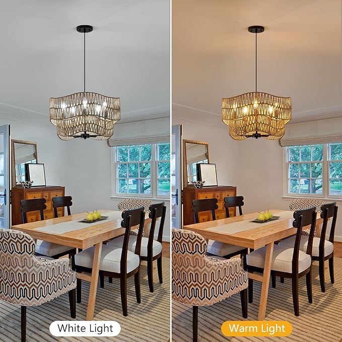 19.68" Large Rattan Chandelier, 5-Light Hand Woven Pendant Light Fixture, Farmhouse Boho Chandeliers, Adjustable Wicker Hanging Ceiling Lamp for Kitchen Bedroom Living Room Hallway Foyer