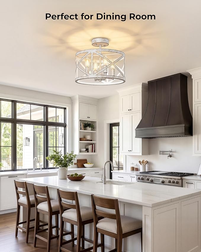 Semi Flush Mount Ceiling Light Fixture, Farmhouse Modern 4-Light Chandelier with X-Shape Cage, Industrial Rustic Ceiling Lamp for Kitchen, Entryway, Dining Room, Bedroom, Hallway, Laundry Room, White
