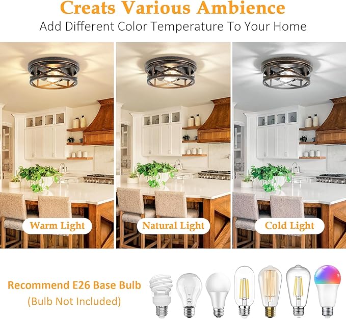 2-Light Flush Mount Ceiling Light Fixture, Farmhouse Ceiling Lights for Kitchen, Modern Black Close to Ceiling Light for Hallway Bedroom Balcony Porch Stairway, E26 (Oil Rubbed Bronze, 1 Pack)
