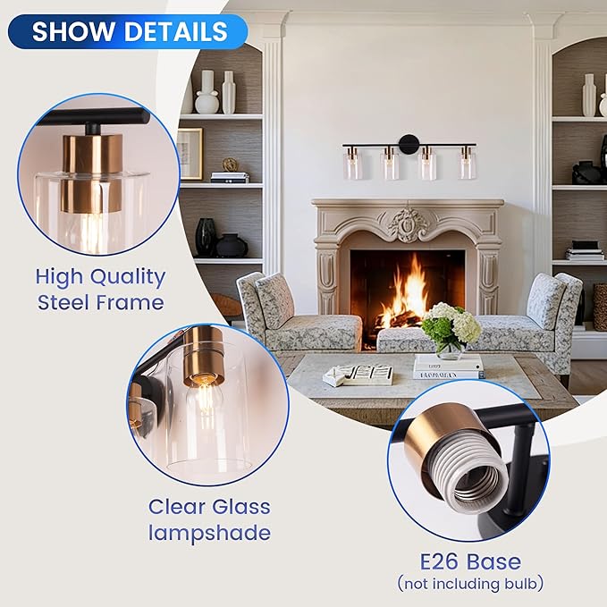 Bathroom Vanity Light, 4-Light Modern Black and Gold Wall Sconce Lighting with Clear Glass Shade, Wall Lights Fixtures Over Mirror, Bath Vintage Wall Mounted Lamps for Bedroom,Living Room