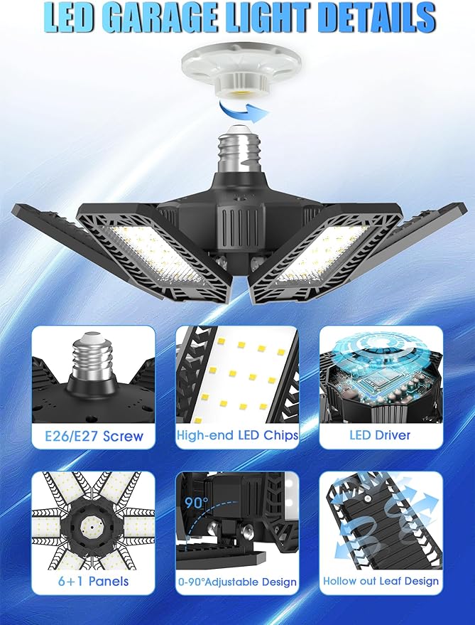 LED Garage Lights 6 Pack - 180W 18000LM Garage Lights Ceiling LED with 6 Deformable Panels, 6500K Shop Lighting Screw into E26 E27 Bulb Socket, for Workshop Barn Basement Gym Warehouse