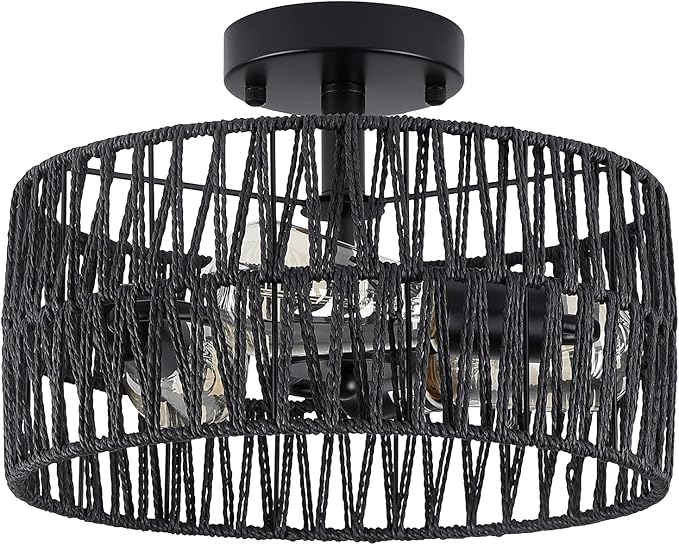 3-Light Coastal Black Woven Flush Mount Light Fixture Rustic Industrial Hemp Rope Flush Mount Ceiling Light for Hallway Bedroom Kitchen Entryway Farmhouse Living Room, Black
