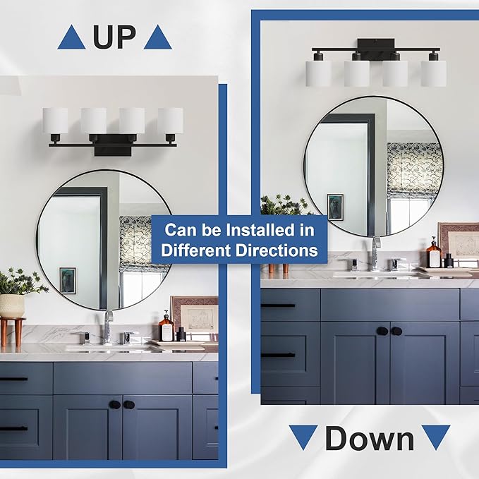 Black Vanity Lights for Bathroom, Anti-rust 4-Light Bathroom Light Fixtures Over Mirror, Modern 24Inches Wall Sconces, Eye-caring Milky White Glass Shades, Standard E26 Base, Bulbs Not Included