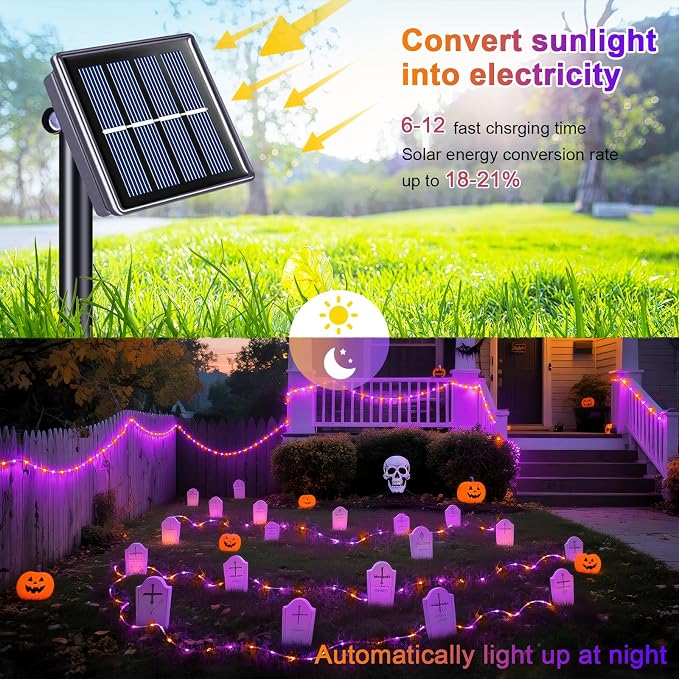 JMEXSUSS Orange Purple Halloween Solar Lights, 66 ft 200 LED Purple Rope Lights Outdoor Waterproof, Orange Christmas String Lights for Halloween Fall Party Tree Christmas