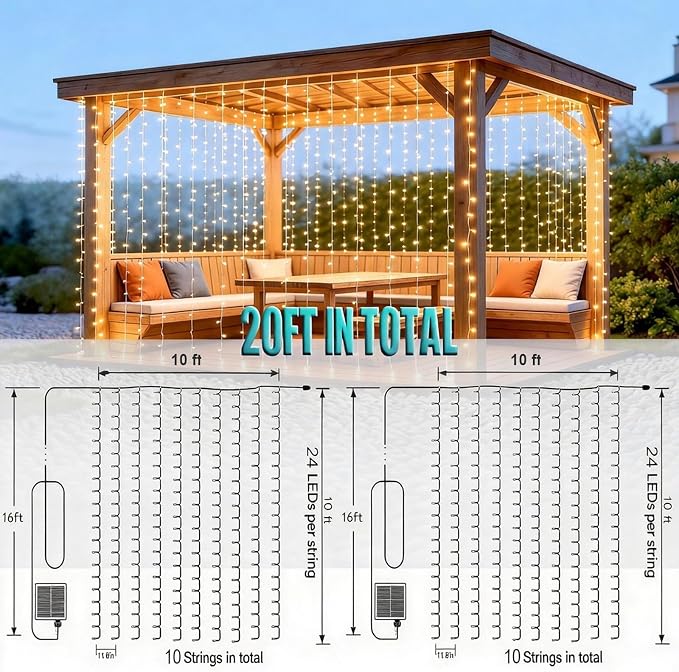 2 Pack Solar Curtain Light Outdoor, 20ft x 10ft, 480 LEDs in Total Solar Powerd String Lights Waterproof Outside for Garden Party Wedding Decór