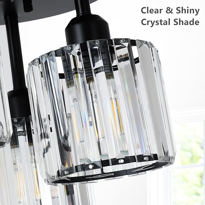 Crystal Semi Flush Mount Ceiling Light,3-Light Modern Close to Ceiling Light Fixtures,Black Kitchen Light Fixtures with Clear Crystal Shade,Hallway Light Fixtures for Hallway Bedroom Bathroom